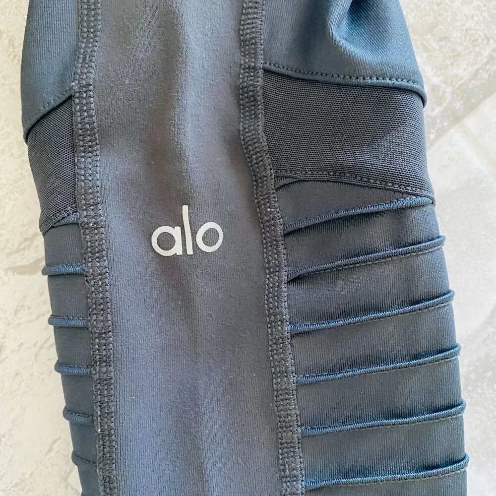 Alo Yoga Moto Leggings Gray High Waist Ribbed Panels Stretch Fit Athleisure Sz S